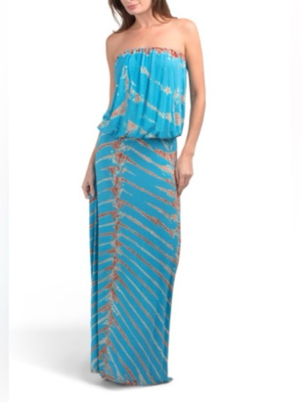 Strapless Blue Maxi Dress with Coral Print